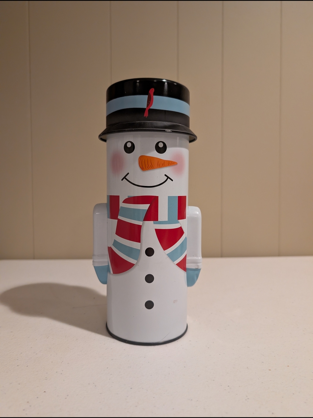 Festive Snowman Tin Canister - Red & Light Blue Accents